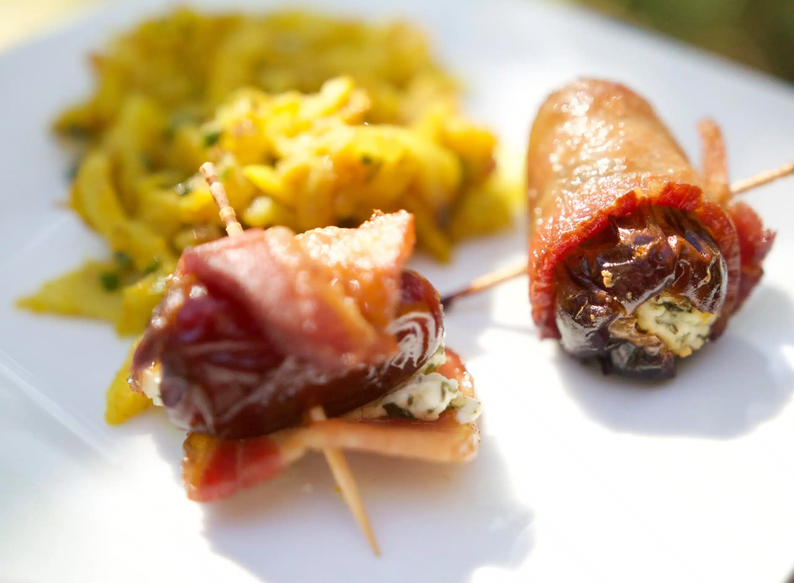 Bacon-Wrapped Dates with Curried Apple Hash
