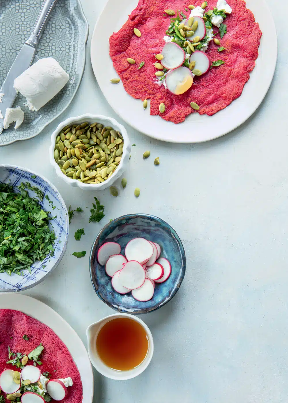 Beet and Masa Pancakes with Goat Cheese, Herbs, and Honey